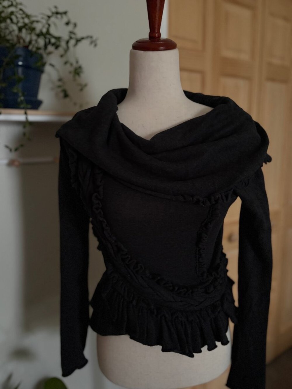 Black Draped Ruffle Knit Top – Off Shoulder / Cowl Neck (Women’s XS)